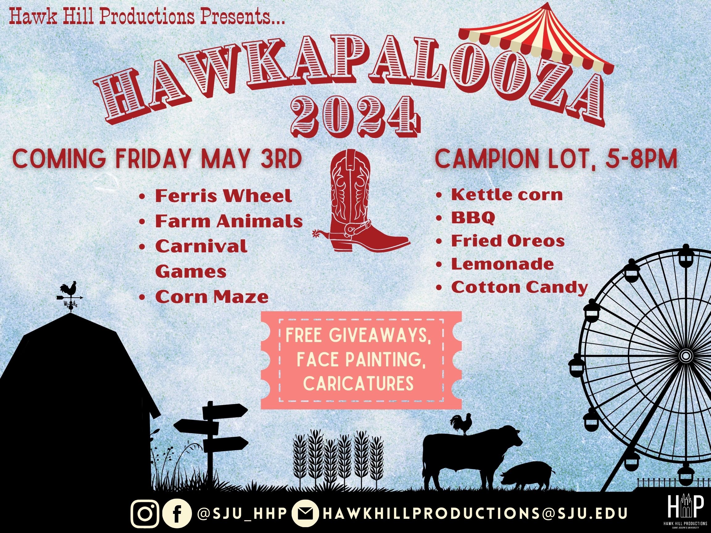 This is a flyer for an end of year event titled 'Hawkapalooza' which is a carnival themed event so there is a ferris wheel as well as siouhettes of a barn and farm animals, with a big carnival tent over the entire logo. 