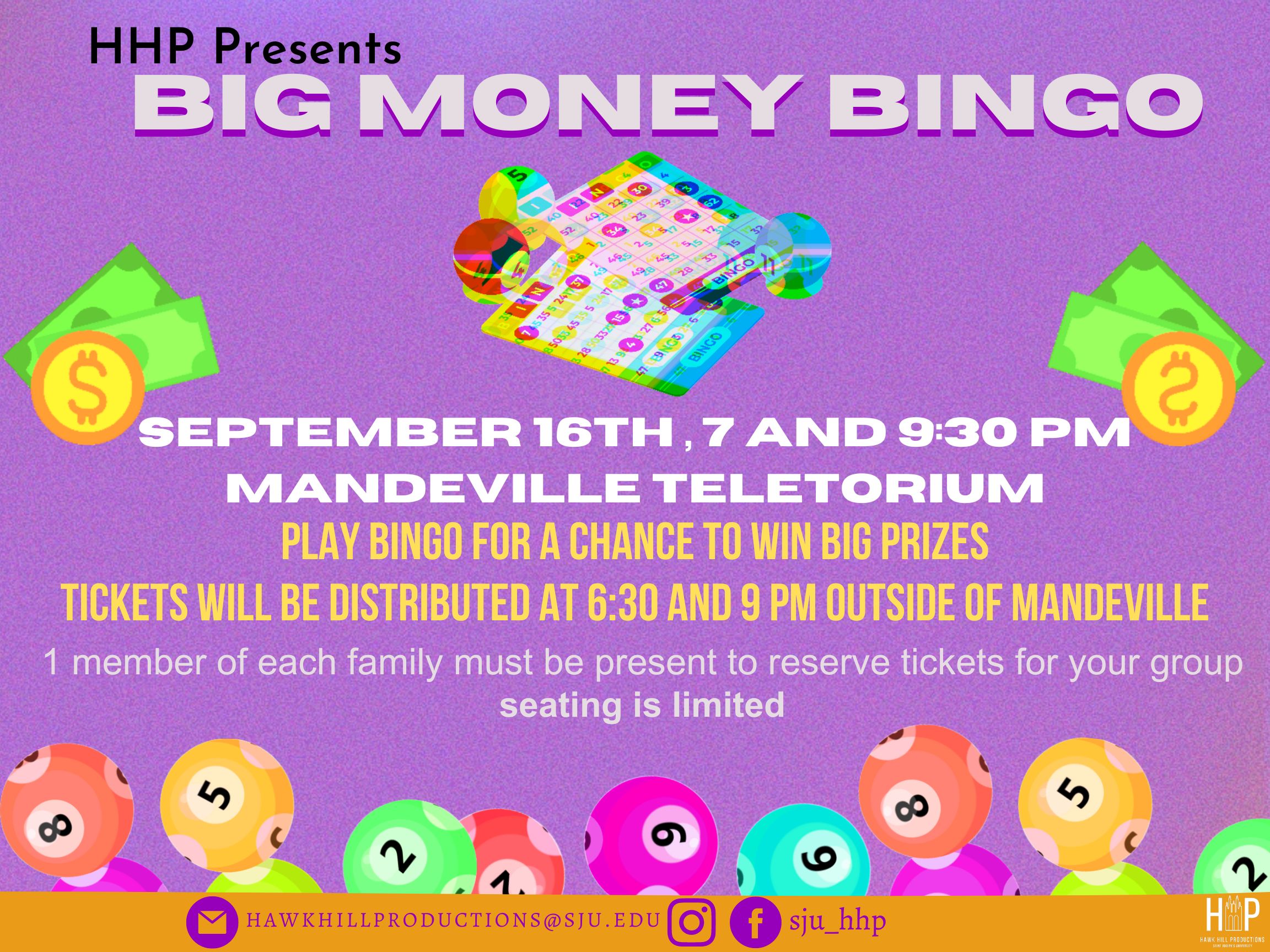 This is a flyer for a bingo event with a purple background and multicolored bingo balls at the bottom of the flyer.