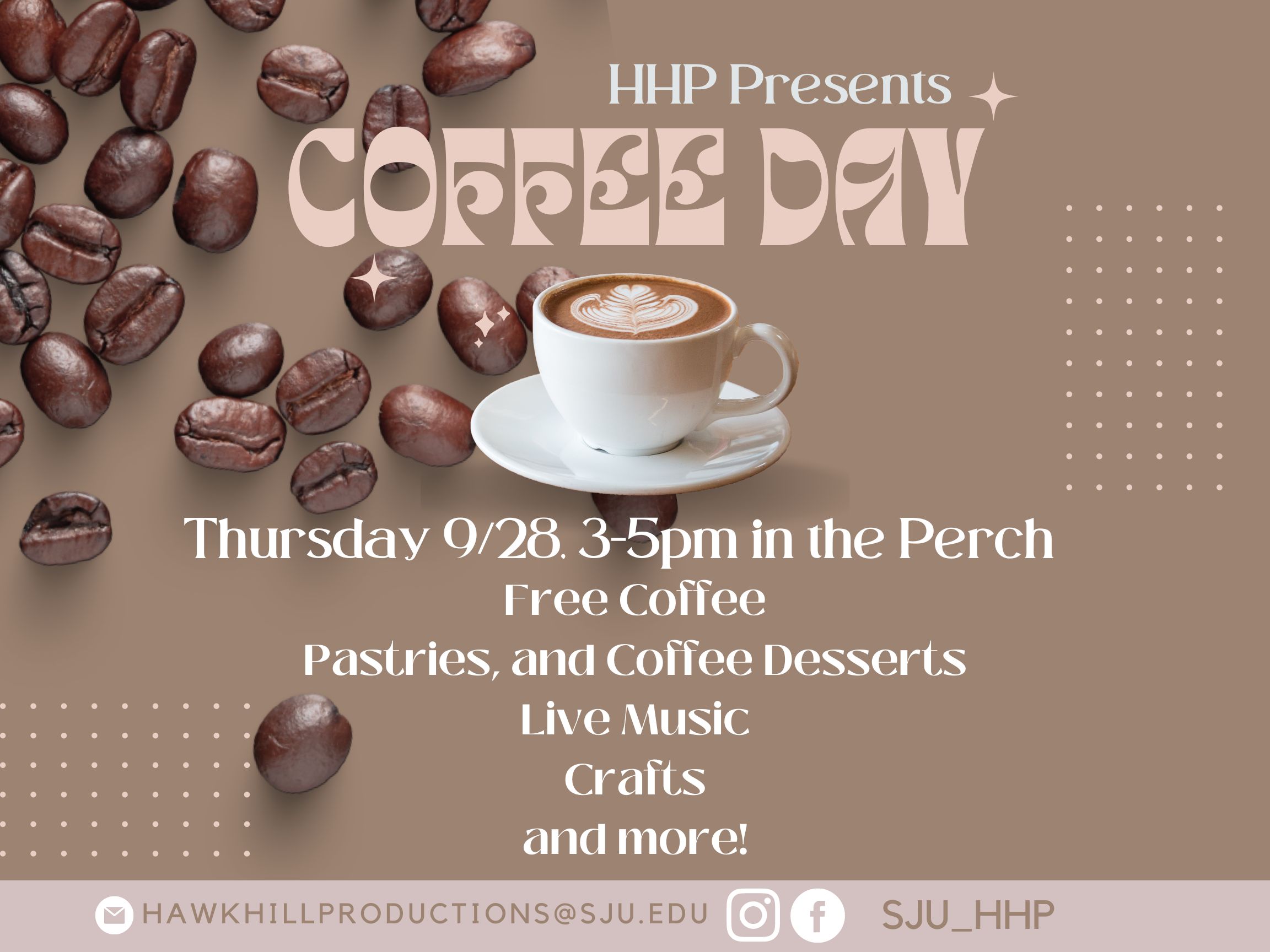 This is a flyer for a coffee day event with a brown background and coffee beans coming down from the upper left hand corner. In the center of the page there is a small white cappucino mug with coffee inside.