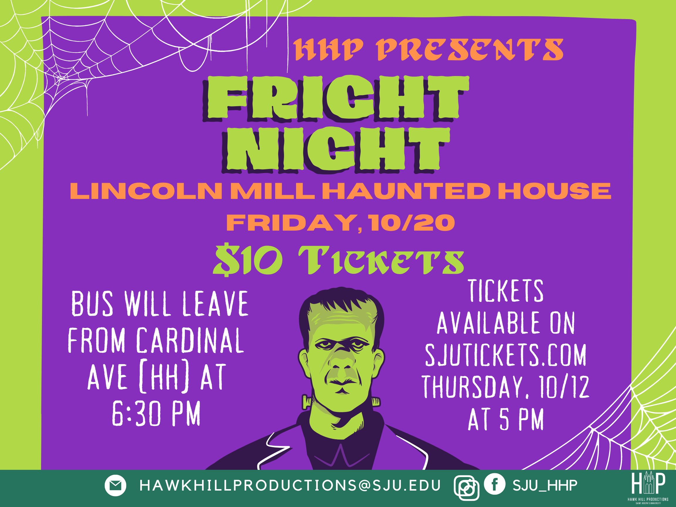 This image depicts a flyer for a halloween trip to a haunted house. The color scheme is green and purple and there is a cartoon frankenstein in the center of the flyer with text around it.