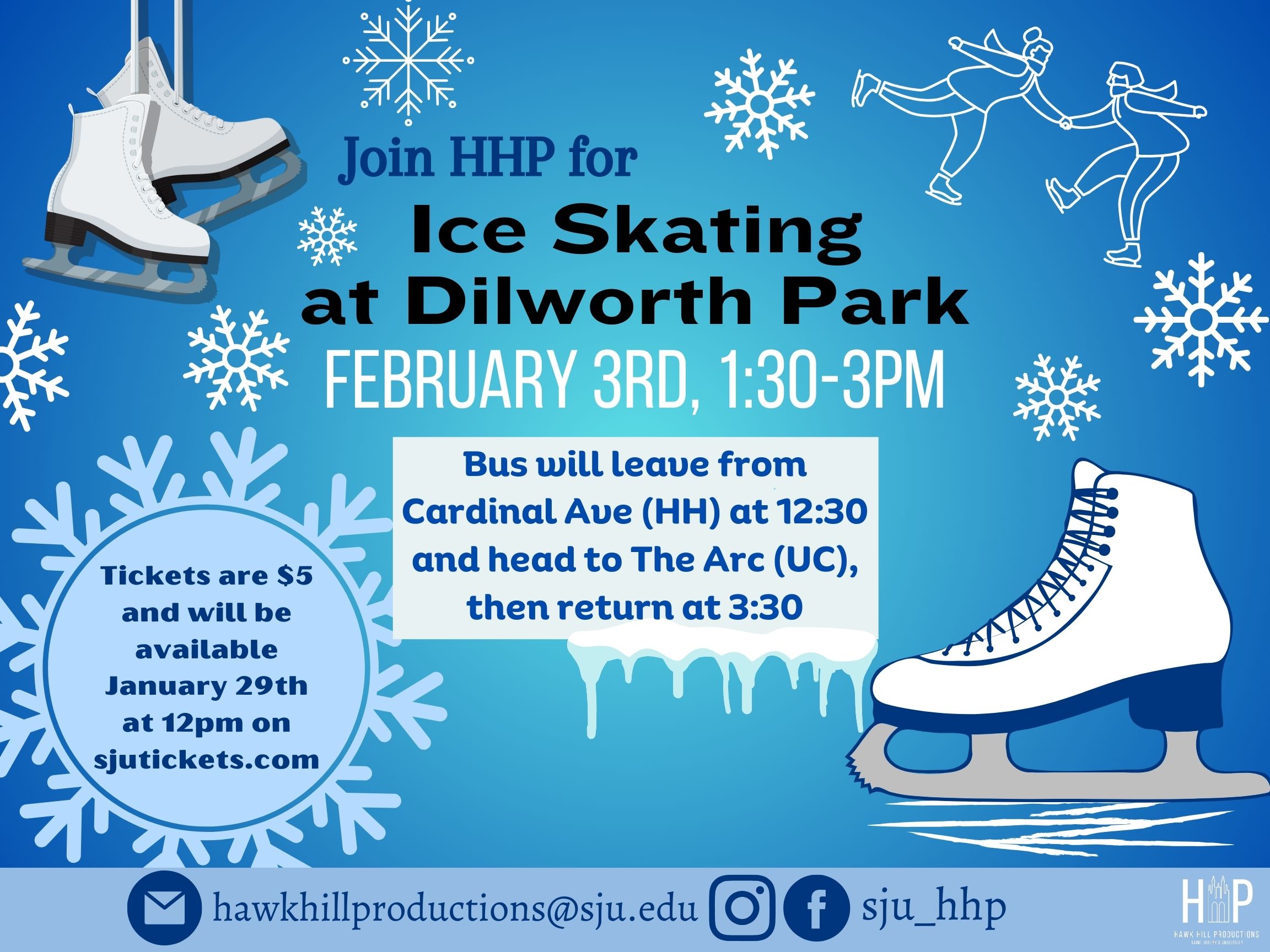 This is a flyer for an ice skating event with a blue background, black text, and white ice skates and snowflakes around the edge of the flyer.