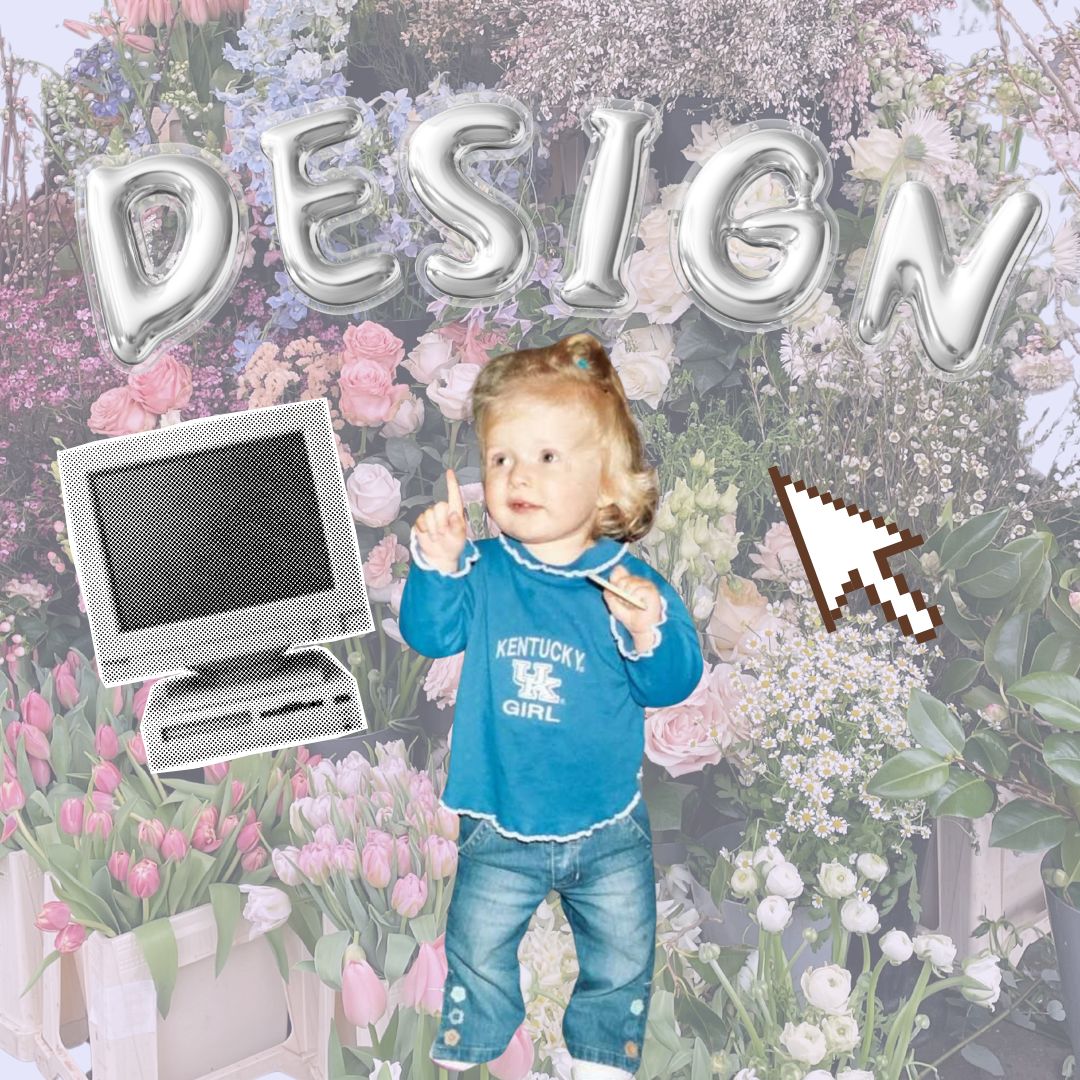 collage image with the word design across the top in balloon letters. There is a young baby with blonde hair and a blue shirt. next to her is a sticker of an old computer