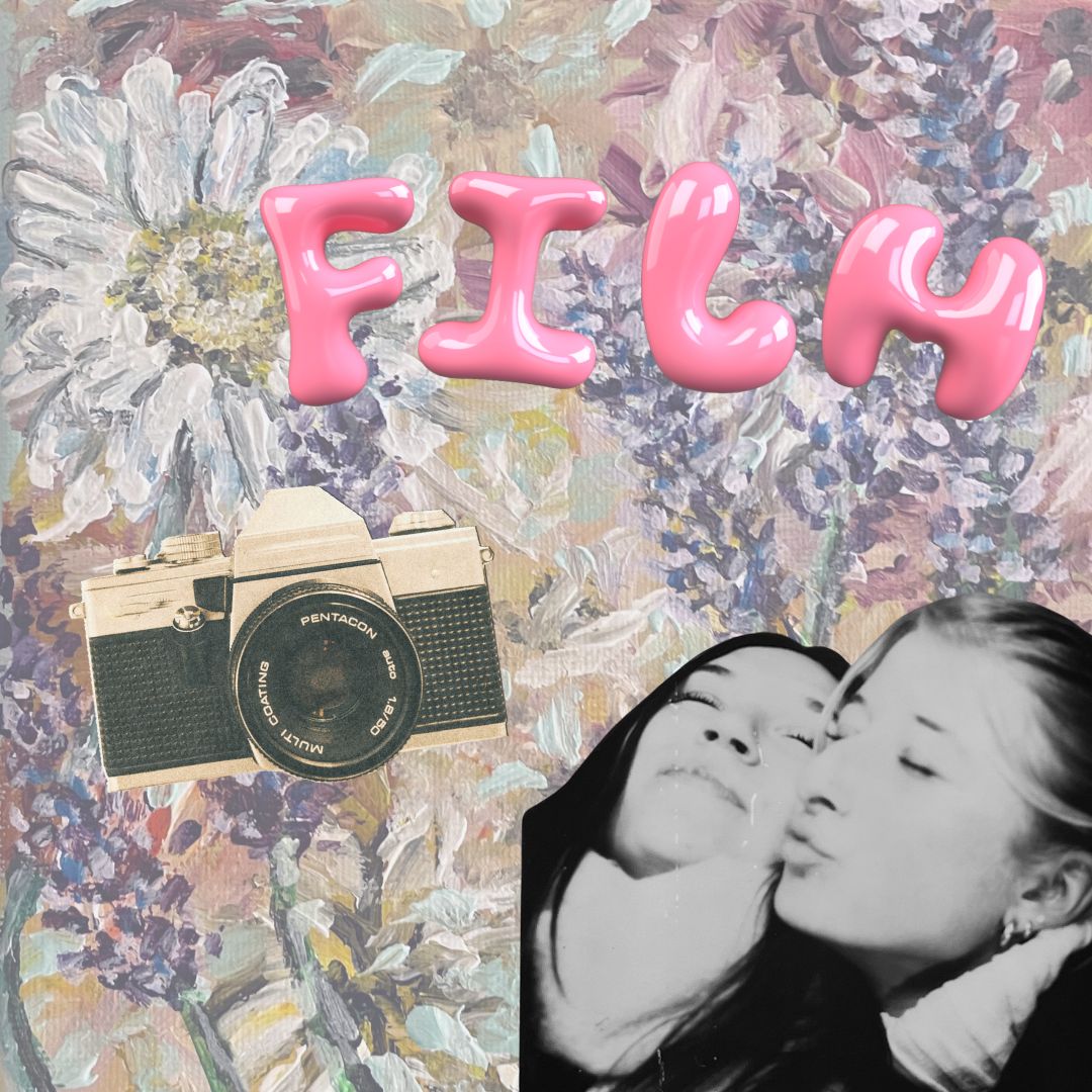 This is a collaged image with the word Film in balloon letters across the top. in the center of the image there is a collaged vintage camera and in the bottom righthand corner of the screen there is a black and white cutout of two girls one blonde one brunette