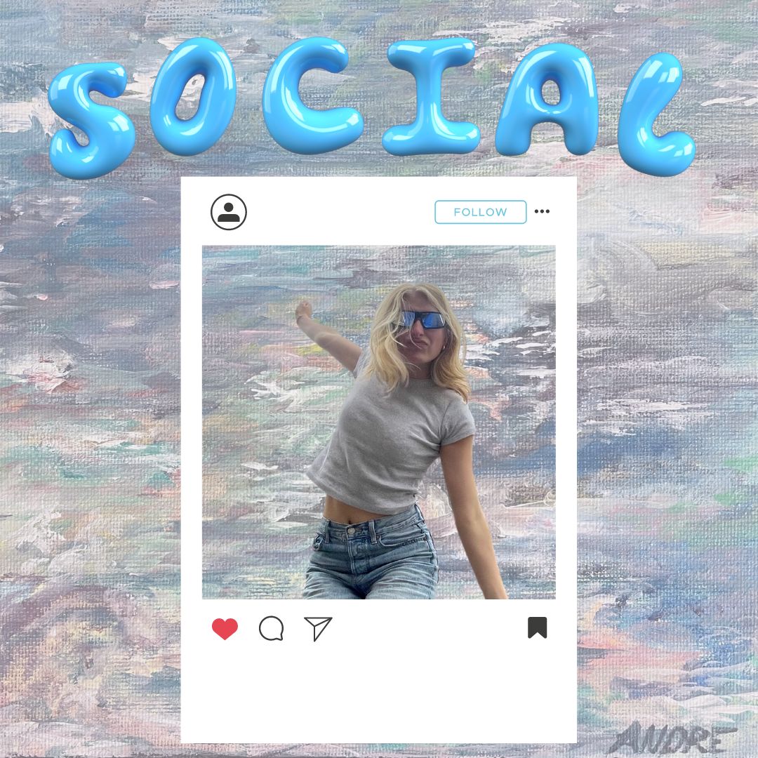 This is a collaged image of a social media post that has an outline of kasey within it. She is a blonde girl doing a pose with one arm up one arm down.