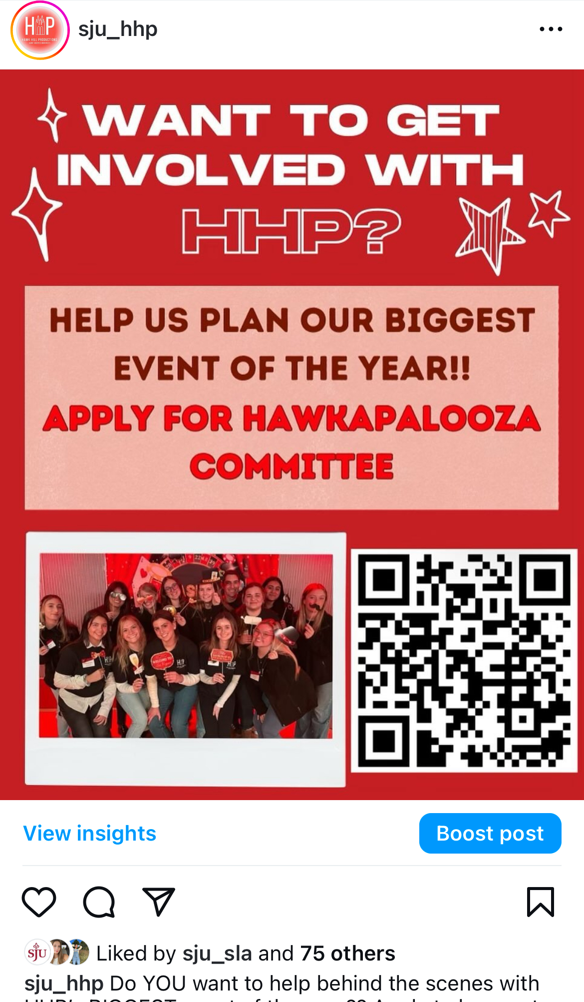 this image is an instagram post with red coloring highlighting an application opening for a committee of Hawk Hill Productions, a student group at Saint Joseph's University
