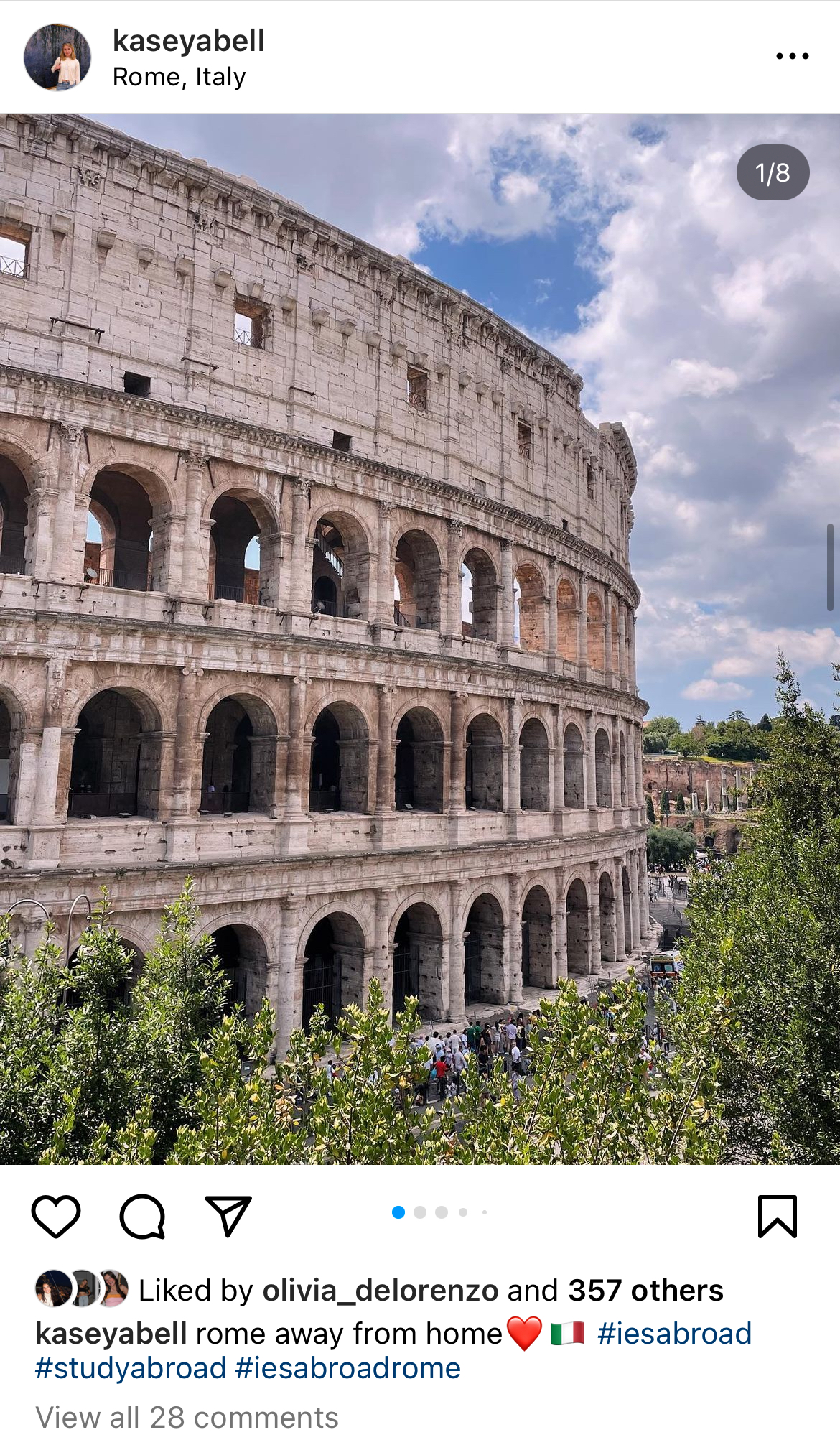 This instagram post depicts a side angle of the world famous colloseum in Rome Italy