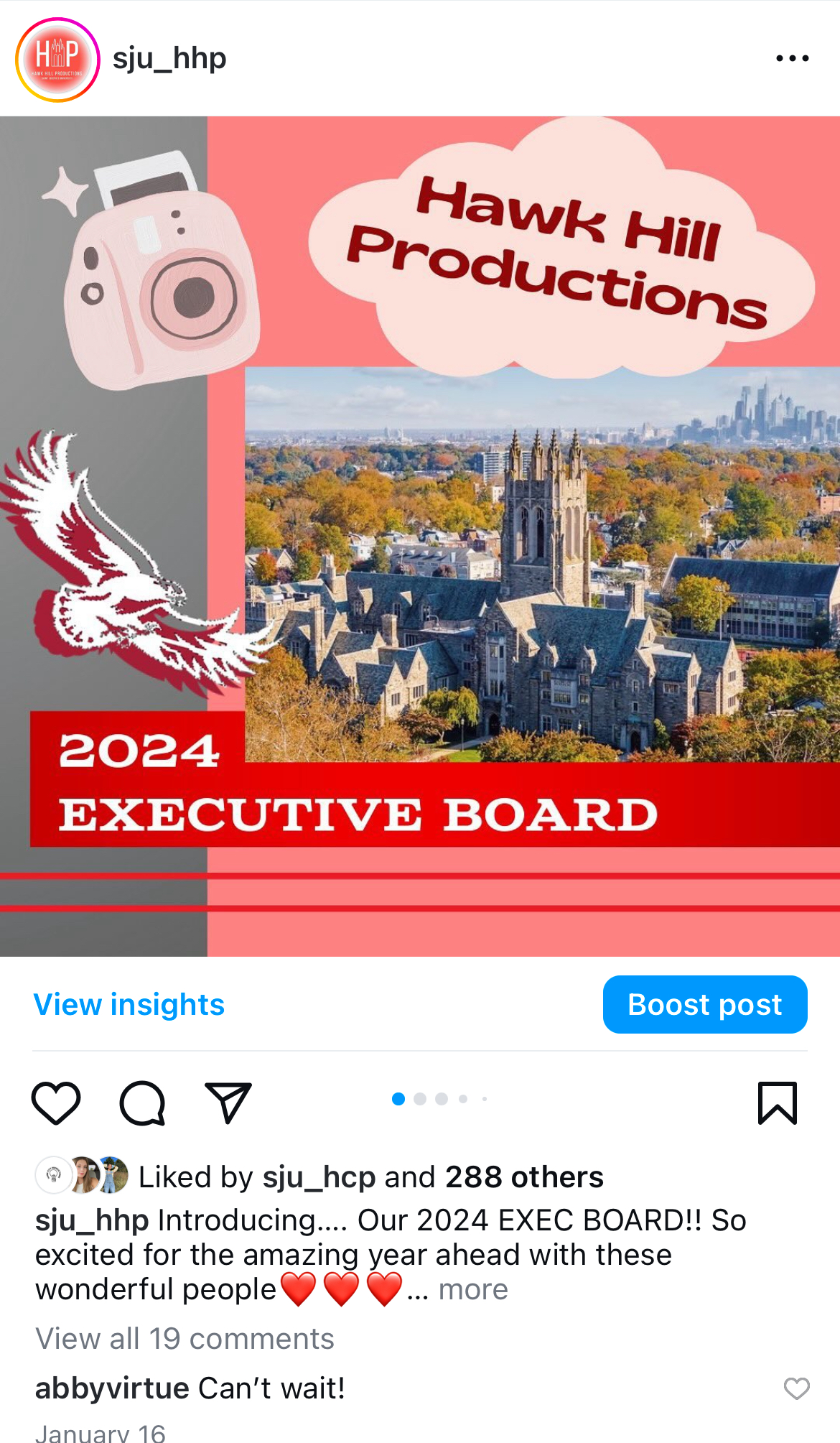 This image is an instagram post revealing the executive board for Hawk Hill Productions in 2024. The cover slide of the post features an above image of SJU's campus, with the Philadelphia skuline in the background. There is a hawk on the left side of the image. You can also see comments underneath the post from various followers