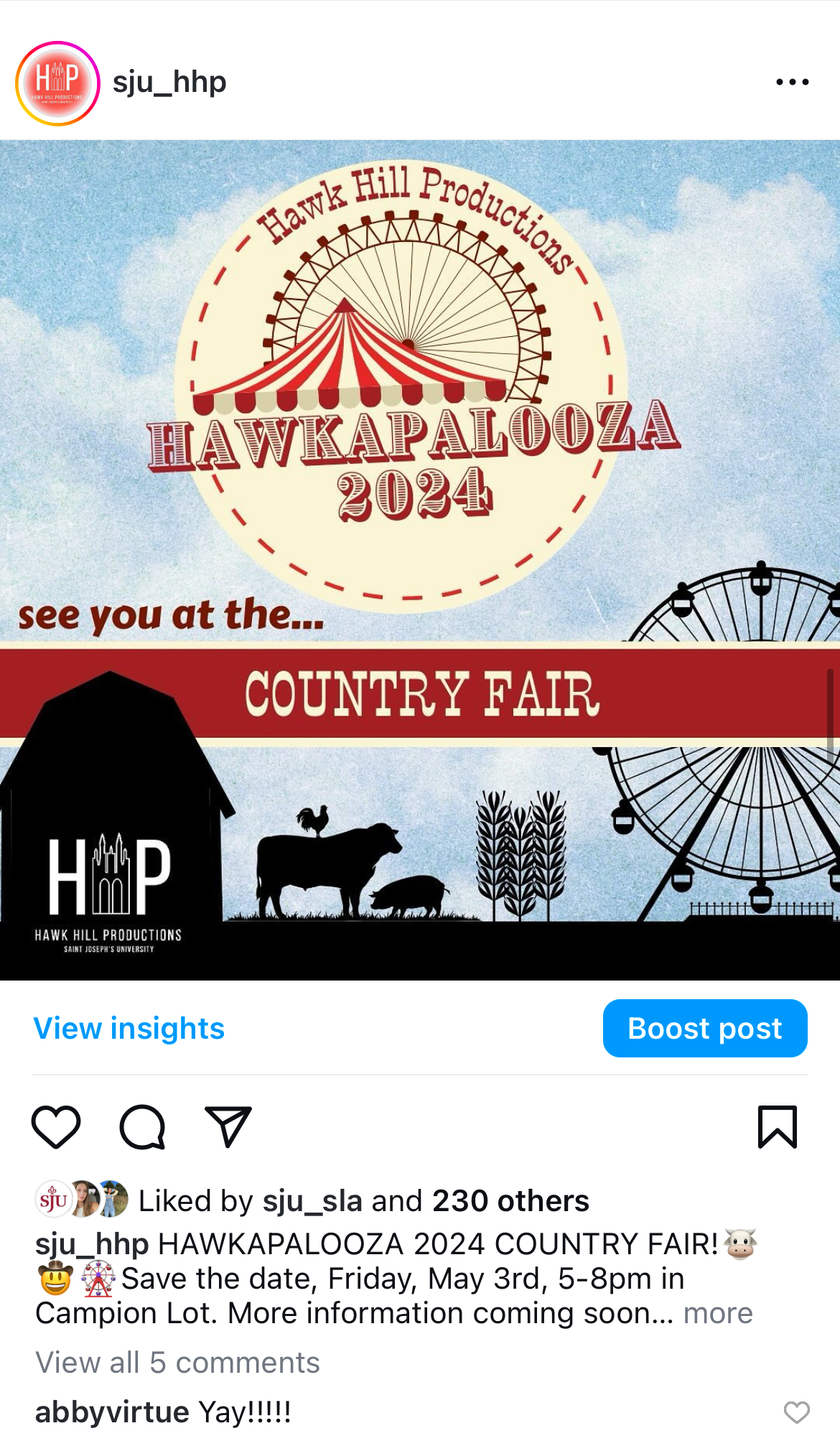 This is an instagram post revealing the theme for an end of year event at SJU. The background of the image is a sky with clouds, with the hawkapalooza logo on top featuring a ferris wheel and carnival tent over the text. At the bottom of the image are silouhettes of a barn, farm animals, and a ferris wheel.