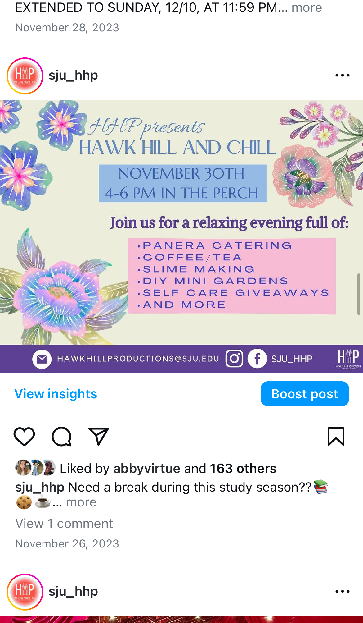 This is a post for a campus event titled Hawk Hill and Chill that will allow students to eat comfort food, do crafts, and get free self care items. There is a light green background with flowers all around the edge of the screen and a very calm blue font for the event title.