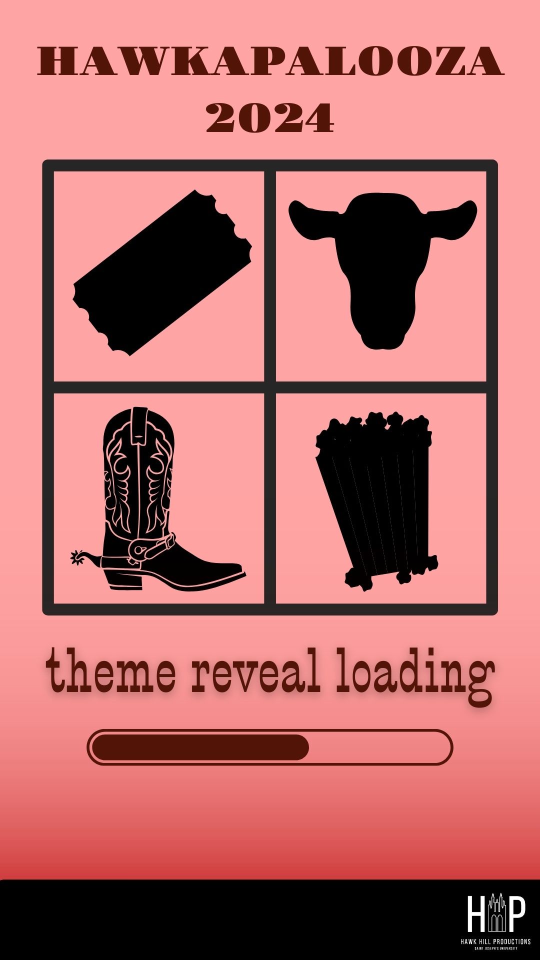 This is an instagram story with a light red background with a large heading at the top that says 'Hawkapalooza 2024'. The image has a grid in the middle with four icons in the seperate quadrants of the grid. The icons include a bull head, a popcorn bucket, a carnival ticket and a cowboy boot. Underneath the grid there is a caption that says 'Theme Reveal Loading'.