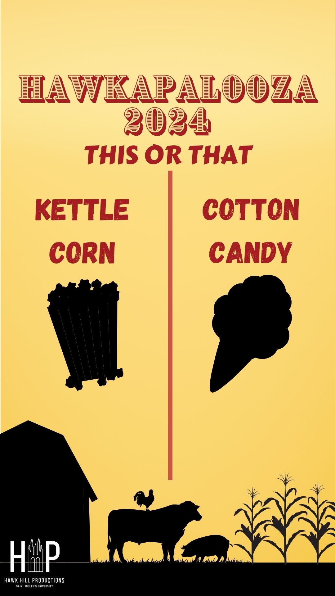 This is an instagram story with a yellow background that says 'Hawkapalooza This or that' and features two sides of the screen where you can either choose kettle corn or cotton candy. At the bottom of the image there are silhouettes of a barn, farm animals and a ferris wheel.